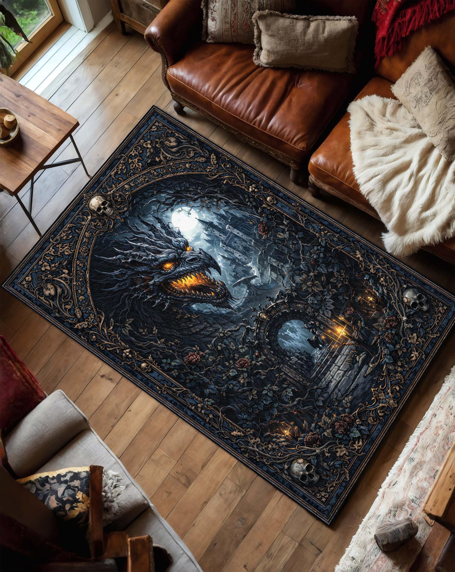 Gothic Dragon Castle Area Rug, Dark Fantasy Skull Tapestry Carpet, Haunted Moonlit Decor, Non Slip Floor Mat, Gamer Gift for Living Room