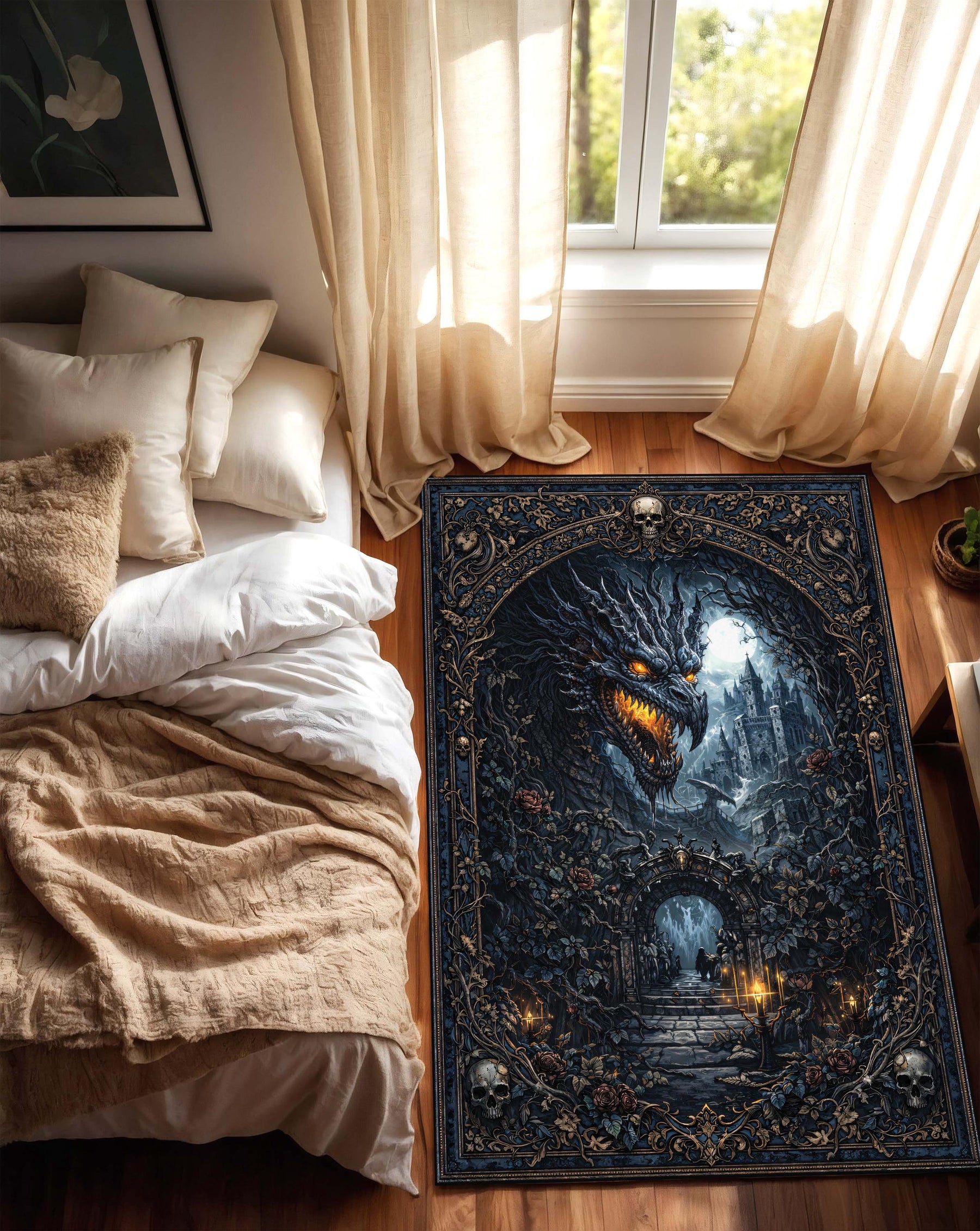 Gothic Dragon Castle Area Rug, Dark Fantasy Skull Tapestry Carpet, Haunted Moonlit Decor, Non Slip Floor Mat, Gamer Gift for Living Room