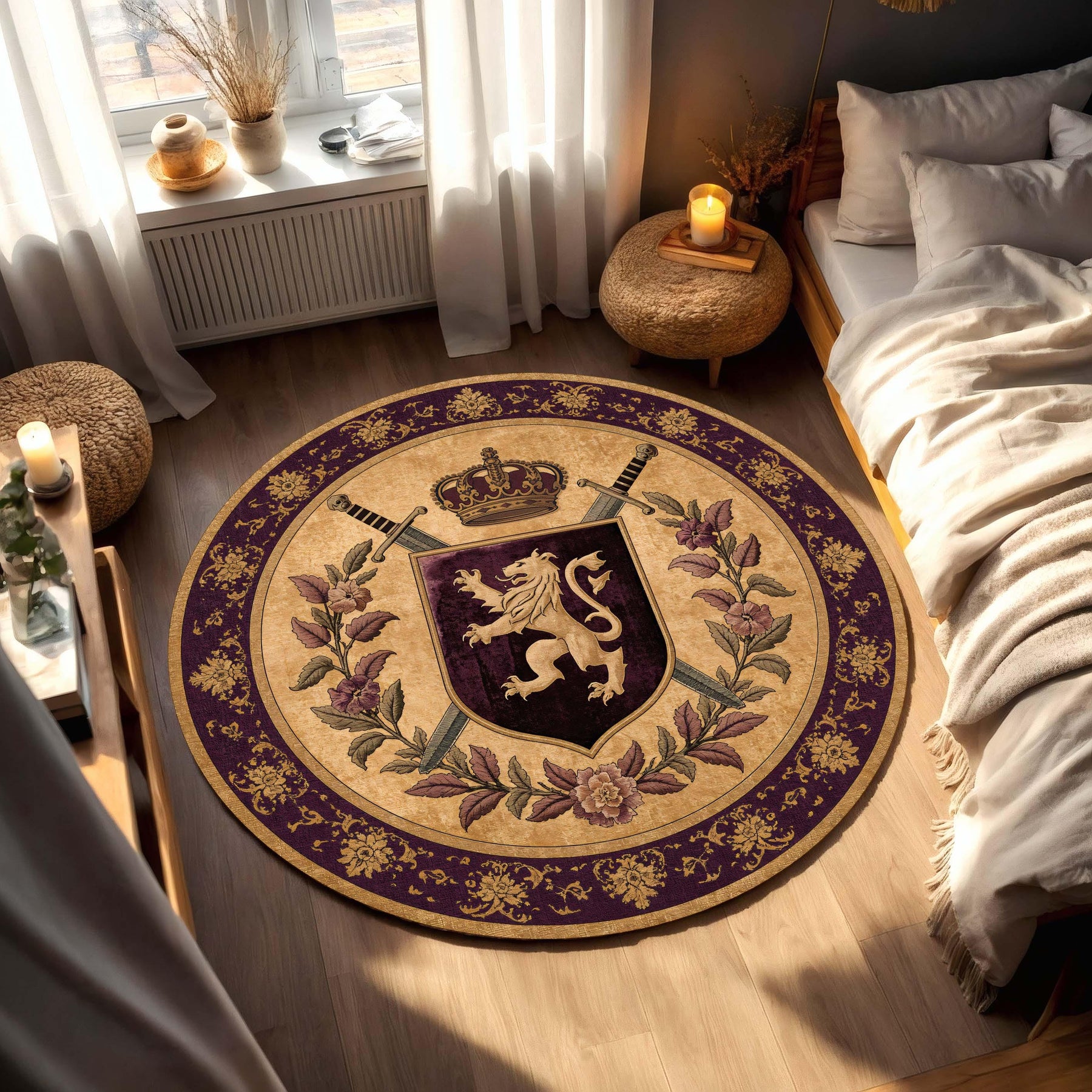 Royal Crest Round Rug, Purple Gold Medieval Lion Coat of Arms Floor Mat, Vintage Baroque Decor, Gothic Manor Living Room Rug, Tapestry Rug