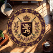 Royal Crest Round Rug, Purple Gold Medieval Lion Coat of Arms Floor Mat, Vintage Baroque Decor, Gothic Manor Living Room Rug, Tapestry Rug