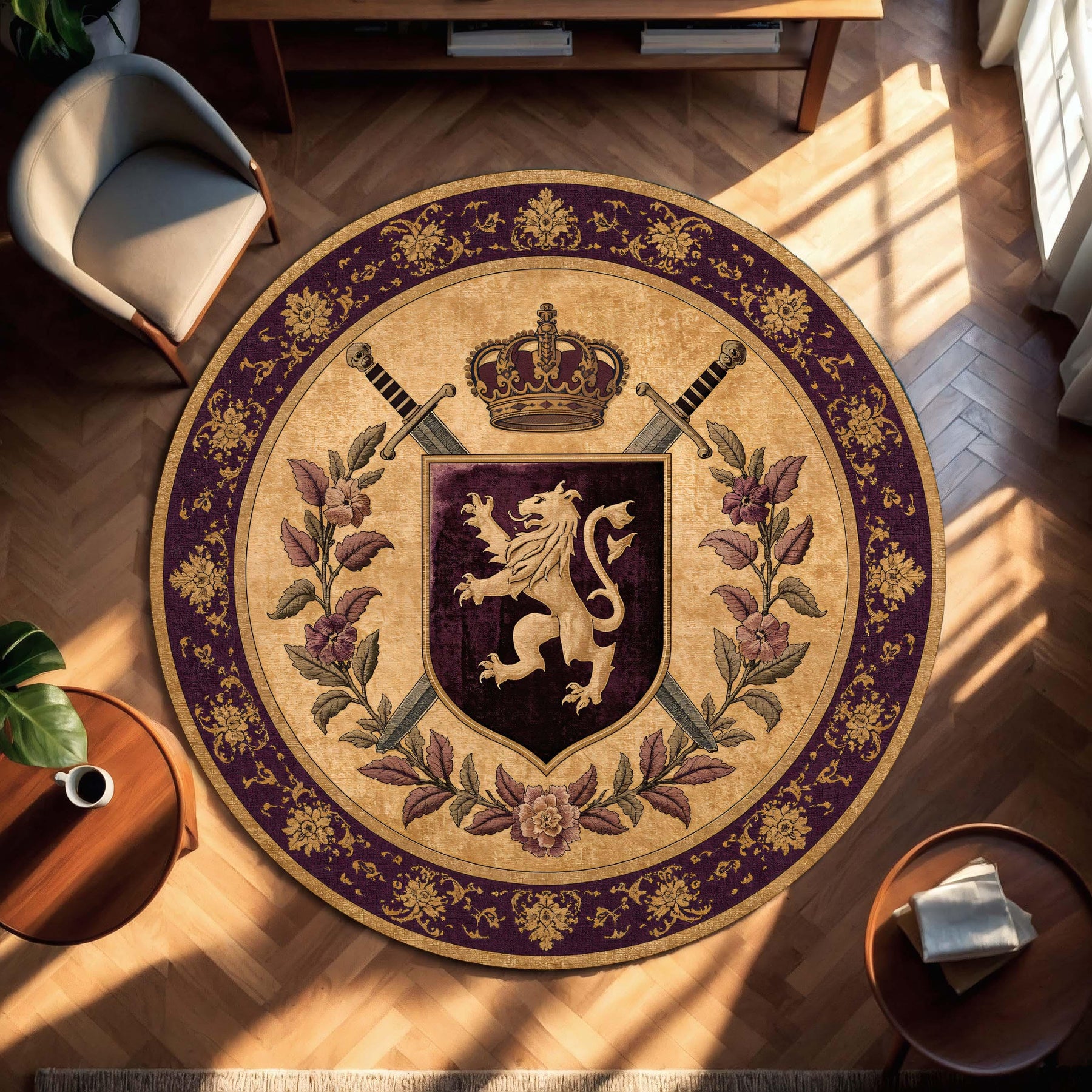 Royal Crest Round Rug, Purple Gold Medieval Lion Coat of Arms Floor Mat, Vintage Baroque Decor, Gothic Manor Living Room Rug, Tapestry Rug