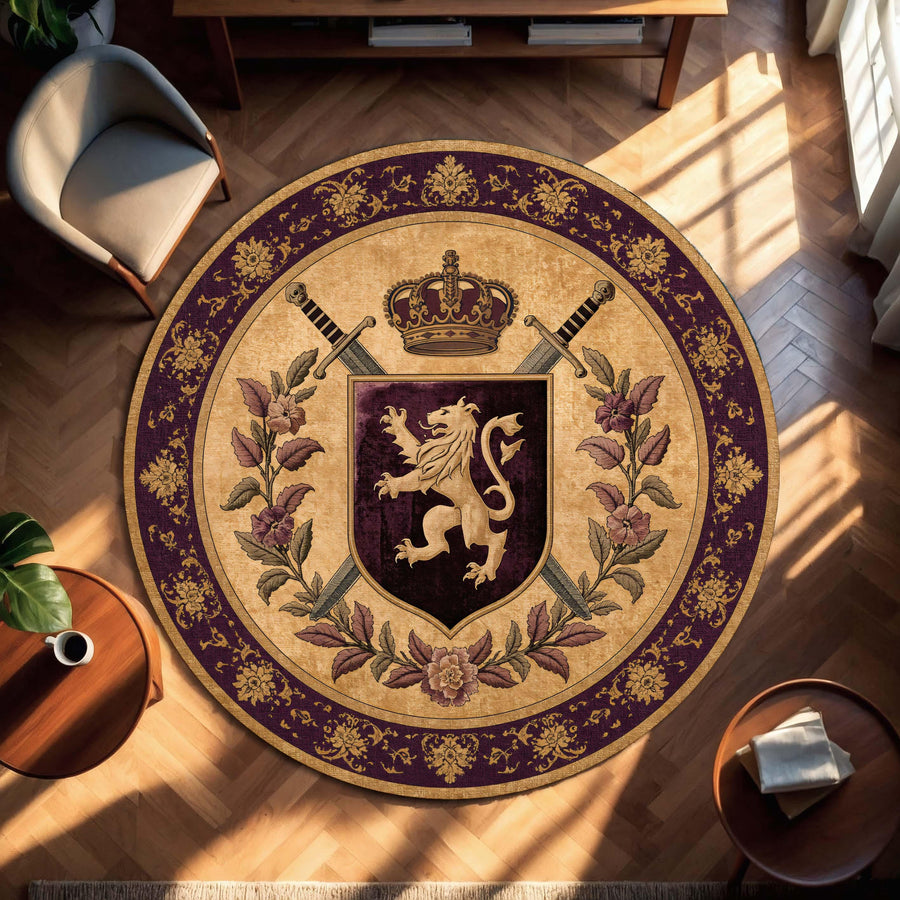 Royal Crest Round Rug, Purple Gold Medieval Lion Coat of Arms Floor Mat, Vintage Baroque Decor, Gothic Manor Living Room Rug, Tapestry Rug