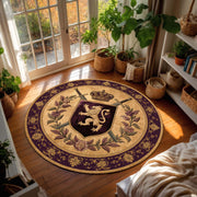 Royal Crest Round Rug, Purple Gold Medieval Lion Coat of Arms Floor Mat, Vintage Baroque Decor, Gothic Manor Living Room Rug, Tapestry Rug