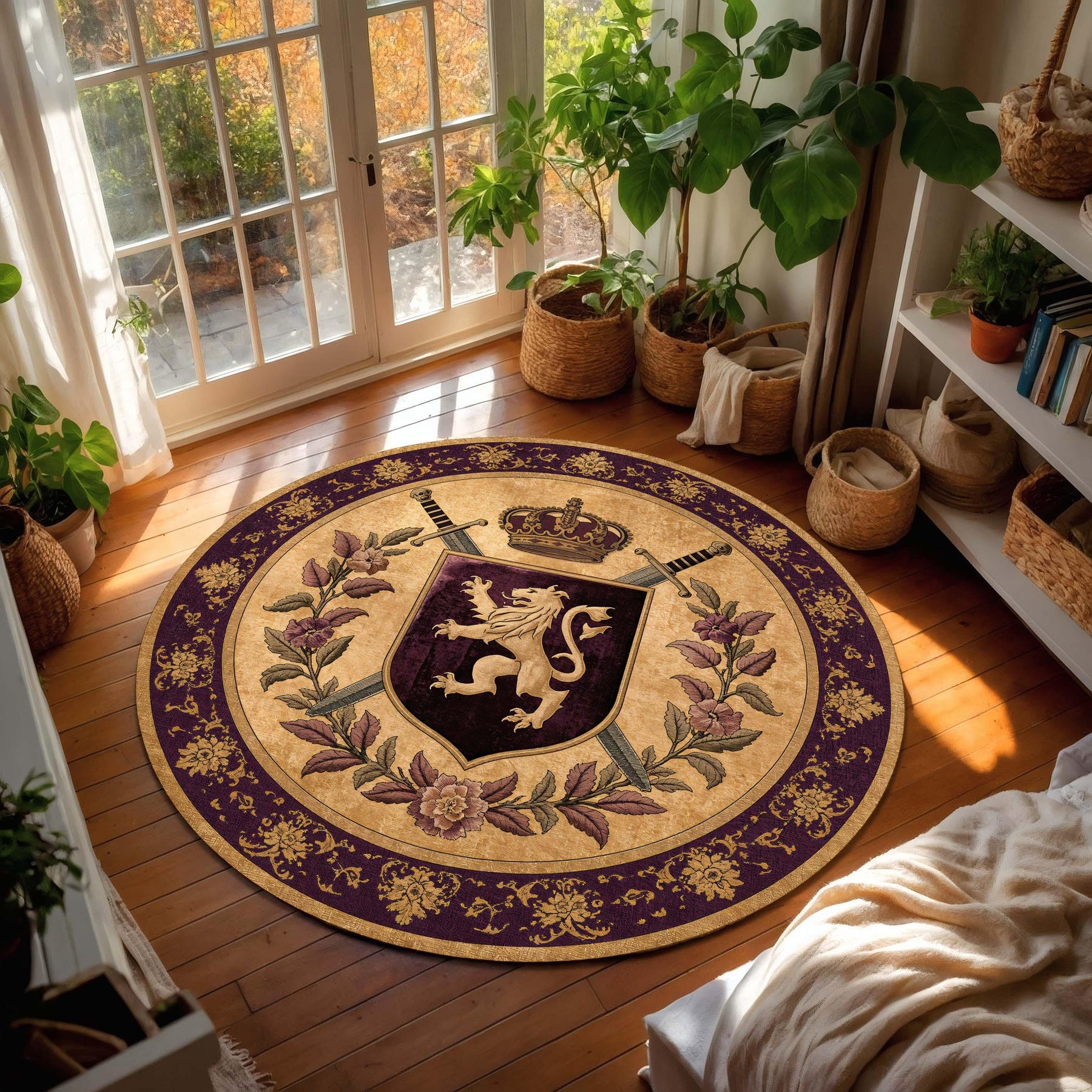 Royal Crest Round Rug, Purple Gold Medieval Lion Coat of Arms Floor Mat, Vintage Baroque Decor, Gothic Manor Living Room Rug, Tapestry Rug