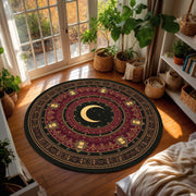 Crescent Moon Round Rug, Celestial Astrology Mandala Carpet, Burgundy Black Gold Gothic Boho Decor, Witchy Washable Living Room Floor Mat
