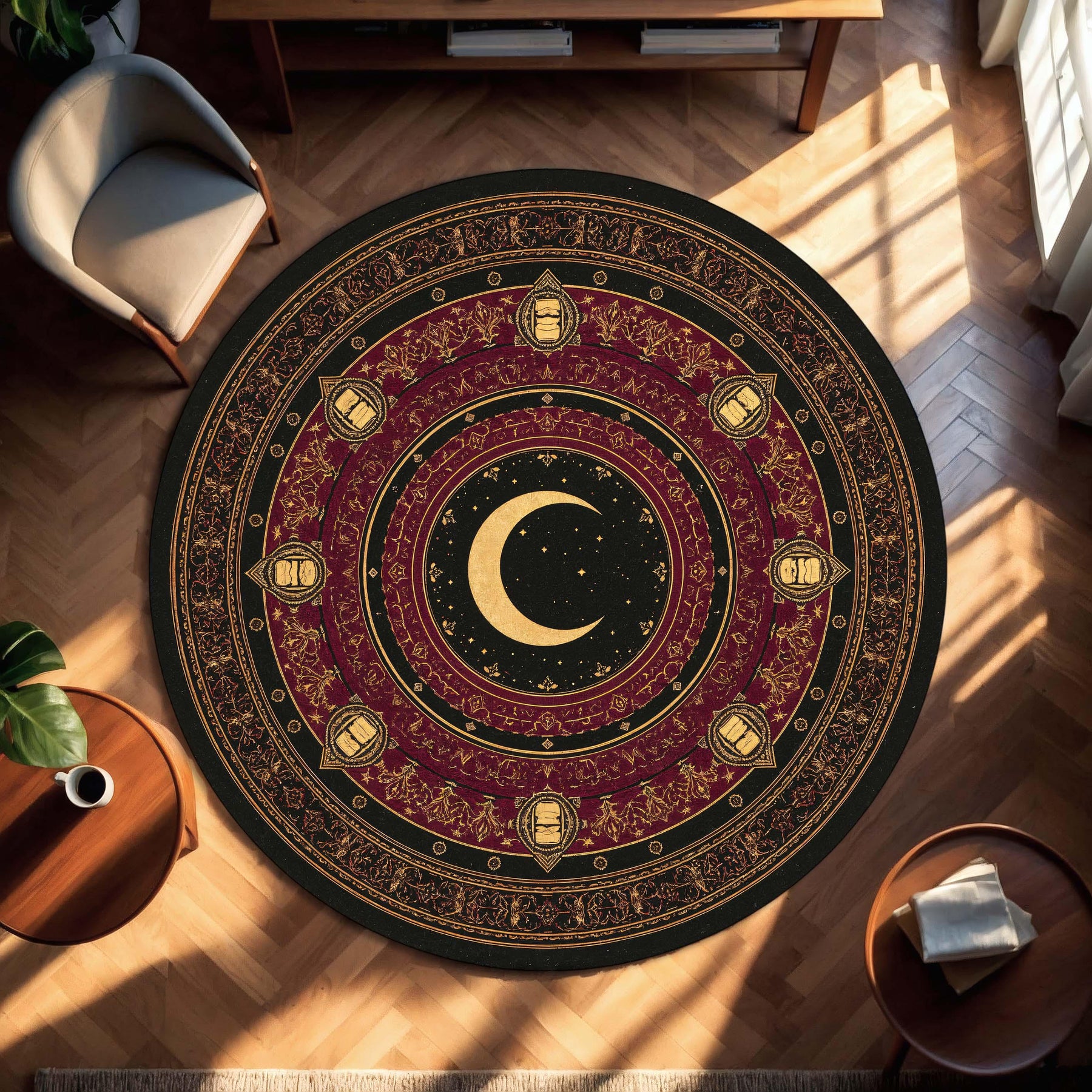 Crescent Moon Round Rug, Celestial Astrology Mandala Carpet, Burgundy Black Gold Gothic Boho Decor, Witchy Washable Living Room Floor Mat