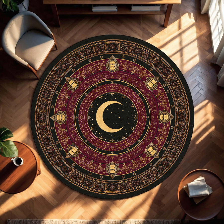 Crescent Moon Round Rug, Celestial Astrology Mandala Carpet, Burgundy Black Gold Gothic Boho Decor, Witchy Washable Living Room Floor Mat