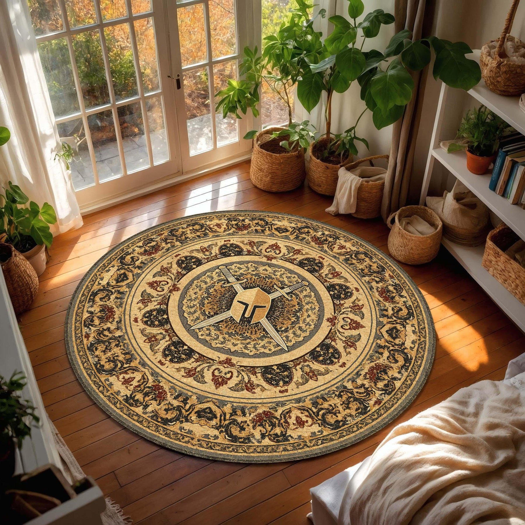 Round Spartan Warrior Rug, Vintage Greek Shield Carpet, Medieval Sword Area Rug, Antique Battle Decor, Masculine Office Home Accent