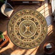 Round Spartan Warrior Rug, Vintage Greek Shield Carpet, Medieval Sword Area Rug, Antique Battle Decor, Masculine Office Home Accent