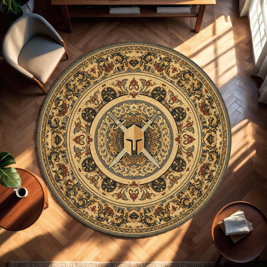 Round Spartan Warrior Rug, Vintage Greek Shield Carpet, Medieval Sword Area Rug, Antique Battle Decor, Masculine Office Home Accent
