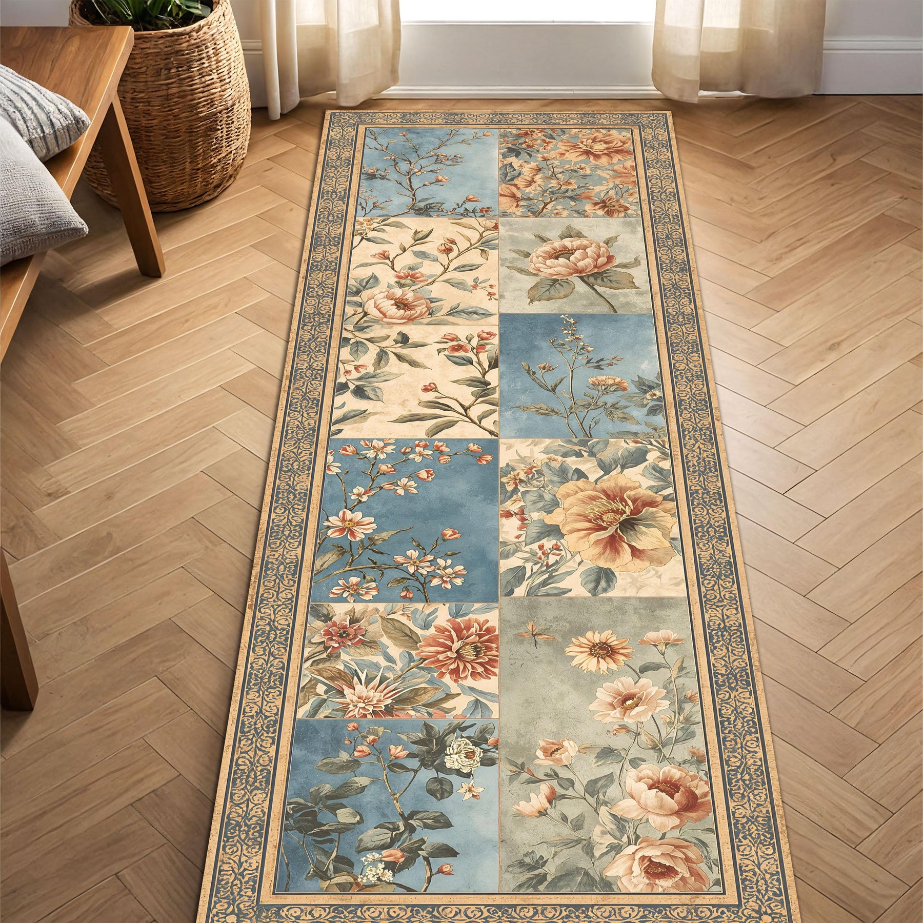 Vintage Floral Patchwork Runner Rug, Blue Beige Botanical Hallway Carpet, Cottagecore Kitchen Mat, Non Slip Washable Floor Entryway Decor