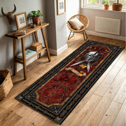 Medieval Knight Runner Rug, Helm & Crossed Swords Gothic Hallway Carpet, Red Vintage Tapestry Style Floor Mat for Gamers Decor Home