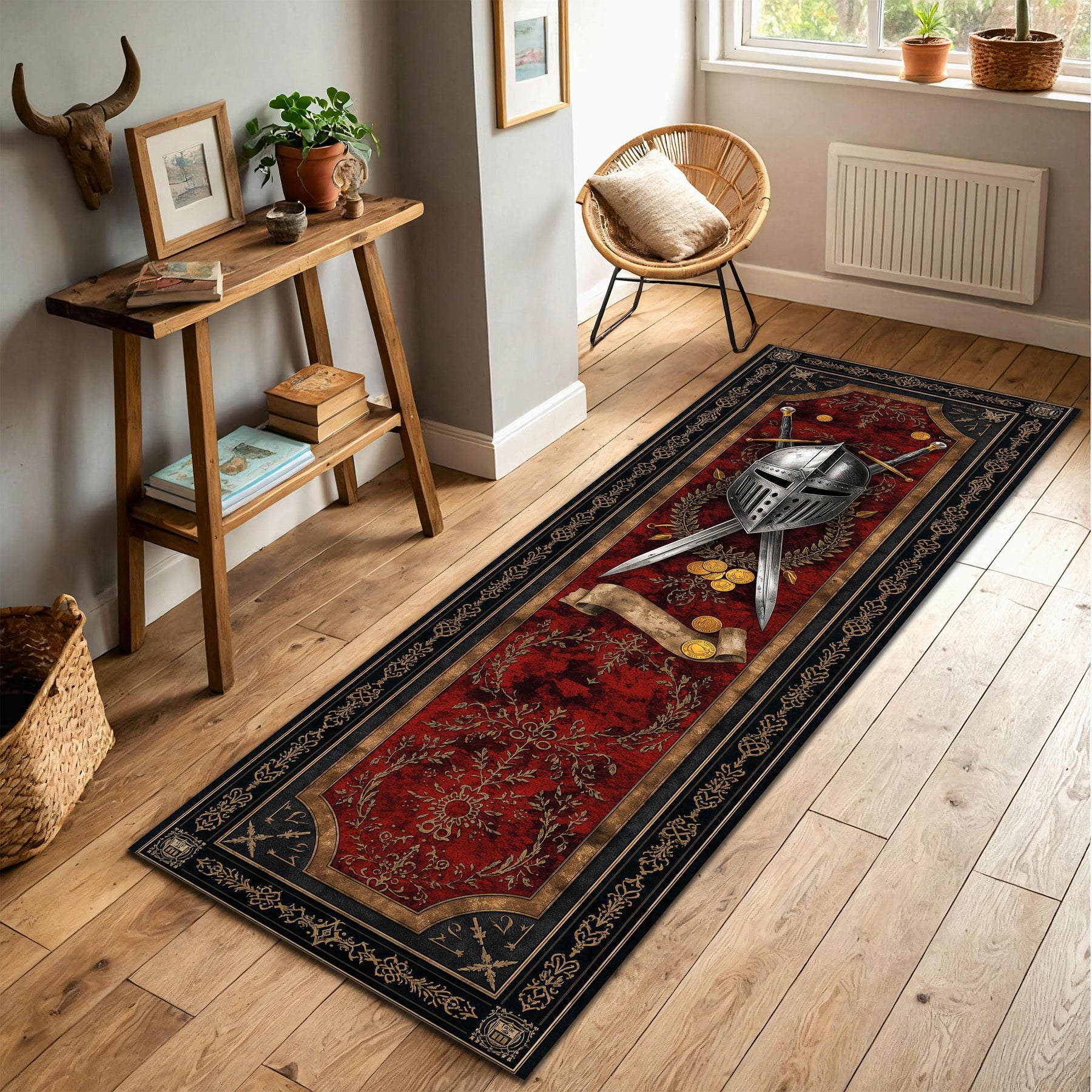 Medieval Knight Runner Rug, Helm & Crossed Swords Gothic Hallway Carpet, Red Vintage Tapestry Style Floor Mat for Gamers Decor Home