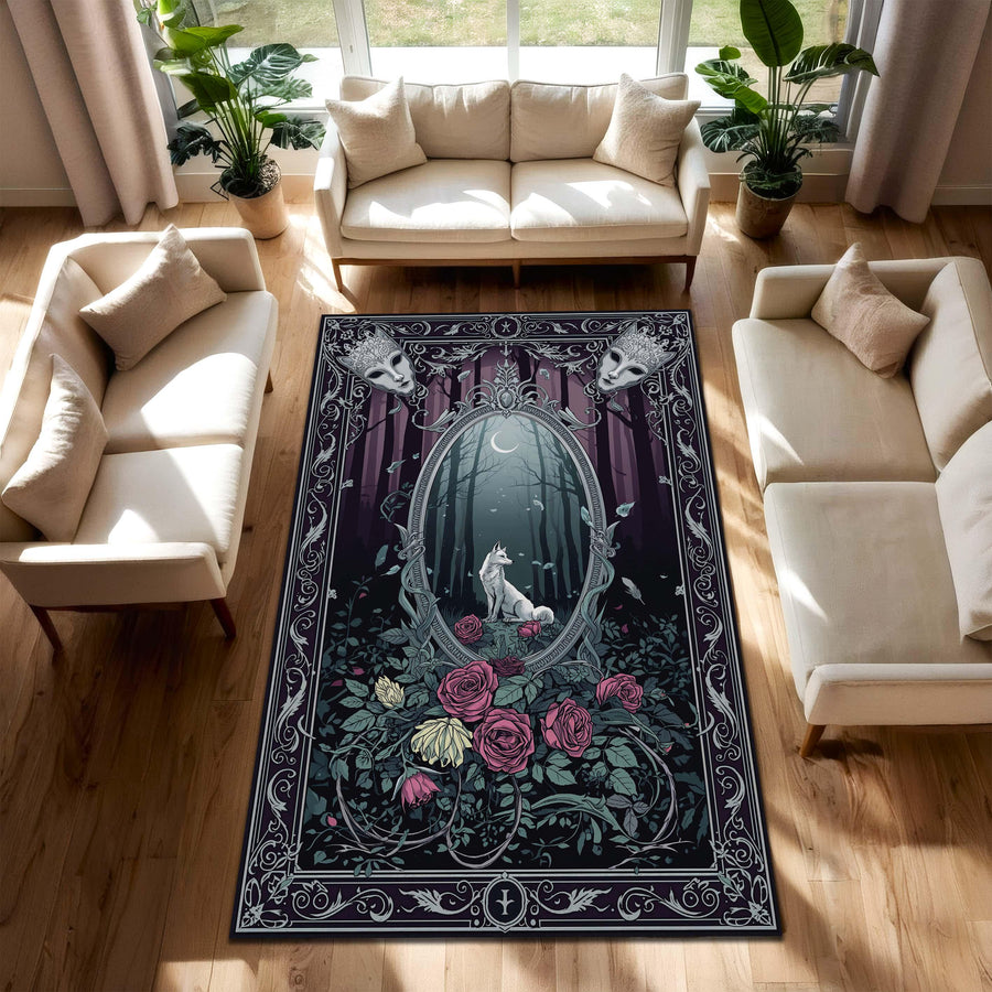 Gothic Wolf Forest Area Rug, Dark Academia Rose Carpet, Victorian Ornate Border, Purple Night Woodland Witchy Home Floor Mat Decor