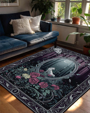 Gothic Wolf Forest Area Rug, Dark Academia Rose Carpet, Victorian Ornate Border, Purple Night Woodland Witchy Home Floor Mat Decor