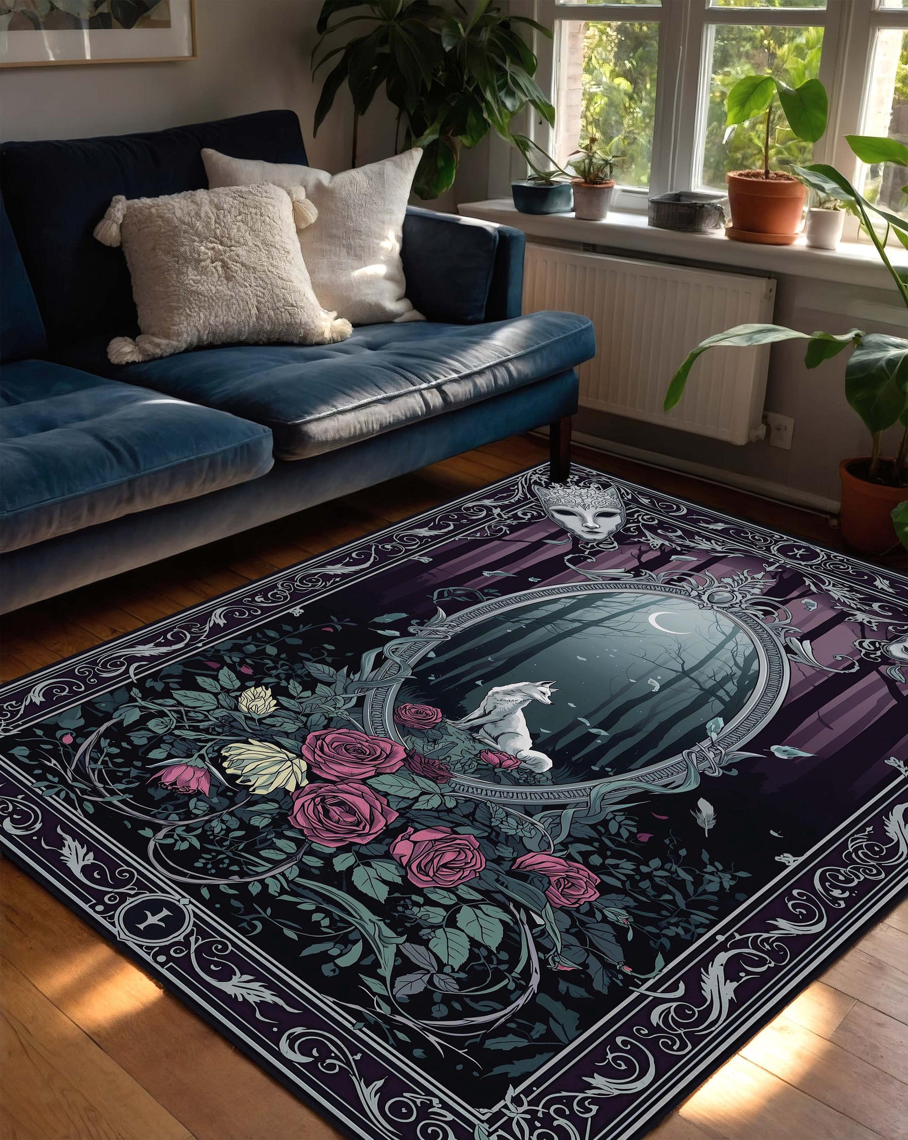 Gothic Wolf Forest Area Rug, Dark Academia Rose Carpet, Victorian Ornate Border, Purple Night Woodland Witchy Home Floor Mat Decor