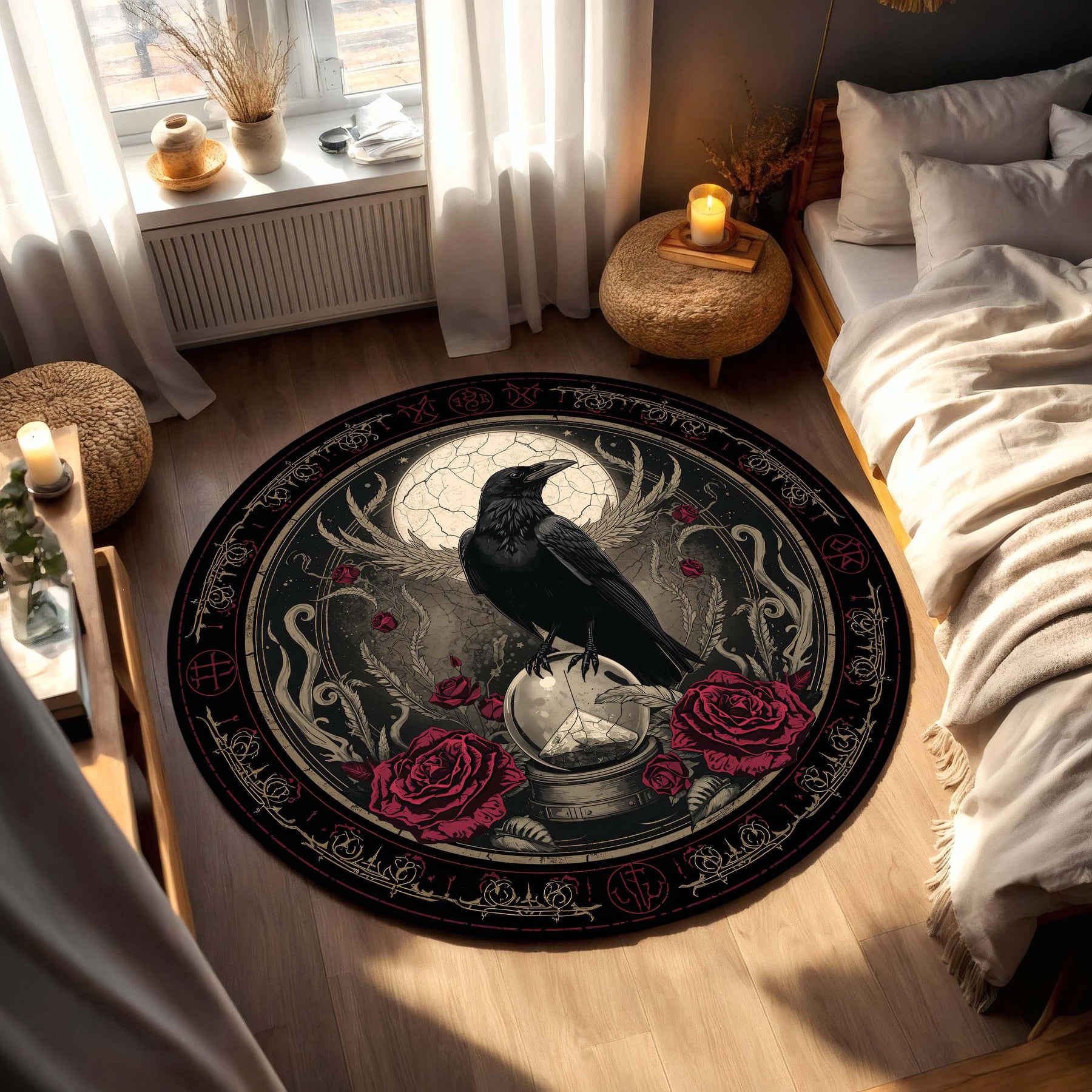 Gothic Raven Moon Round Rug, Occult Rose Alchemy Floor Mat, Dark Academia Home Decor, Witchy Living Room Bedroom Carpet Gift Idea