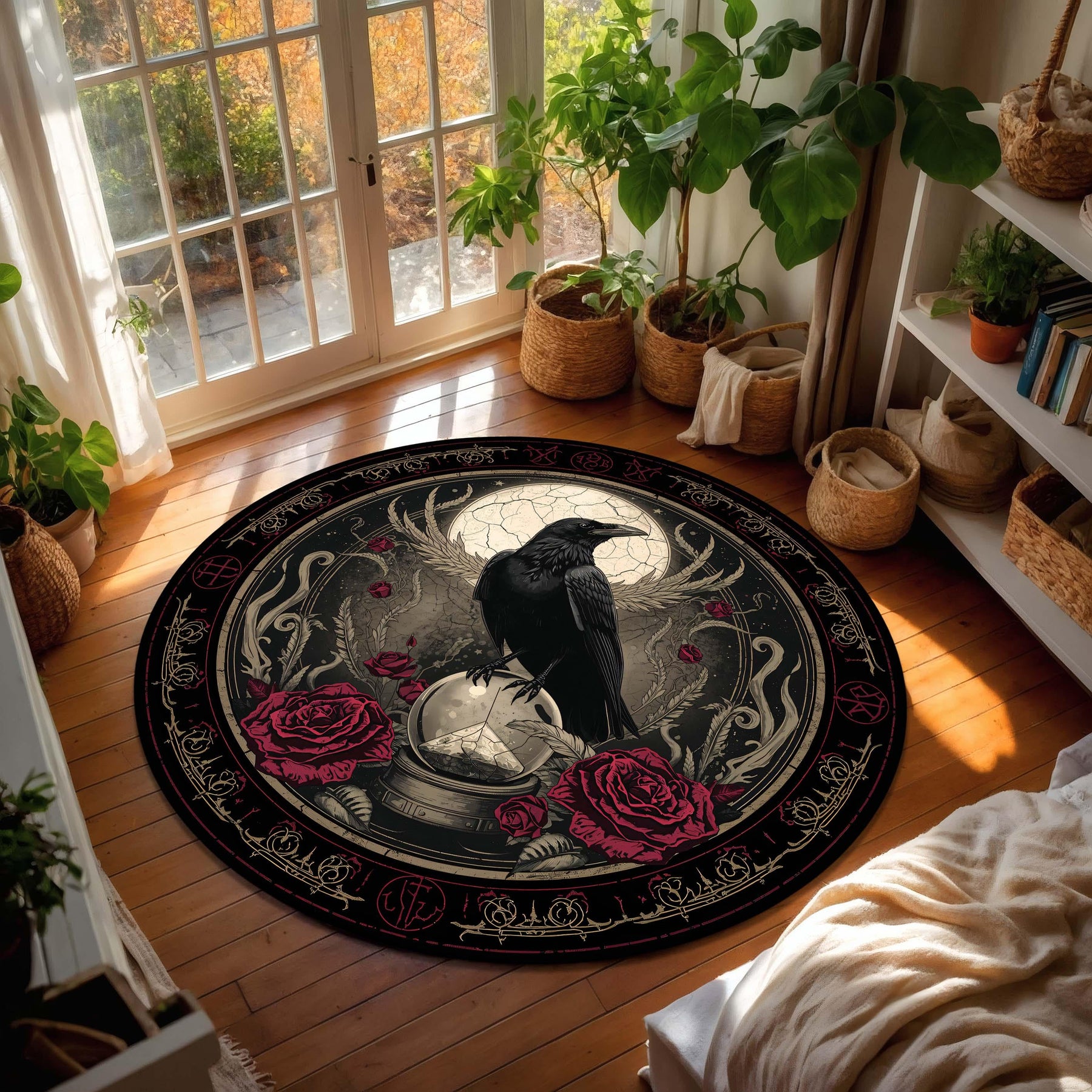 Gothic Raven Moon Round Rug, Occult Rose Alchemy Floor Mat, Dark Academia Home Decor, Witchy Living Room Bedroom Carpet Gift Idea