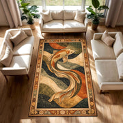 Japanese Koi Fish Area Rug, Vintage Teal Gold Boho Carpet for Living Room Bedroom, Zen Coastal Home Decor, Statement Floor Art Piece