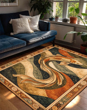 Japanese Koi Fish Area Rug, Vintage Teal Gold Boho Carpet for Living Room Bedroom, Zen Coastal Home Decor, Statement Floor Art Piece