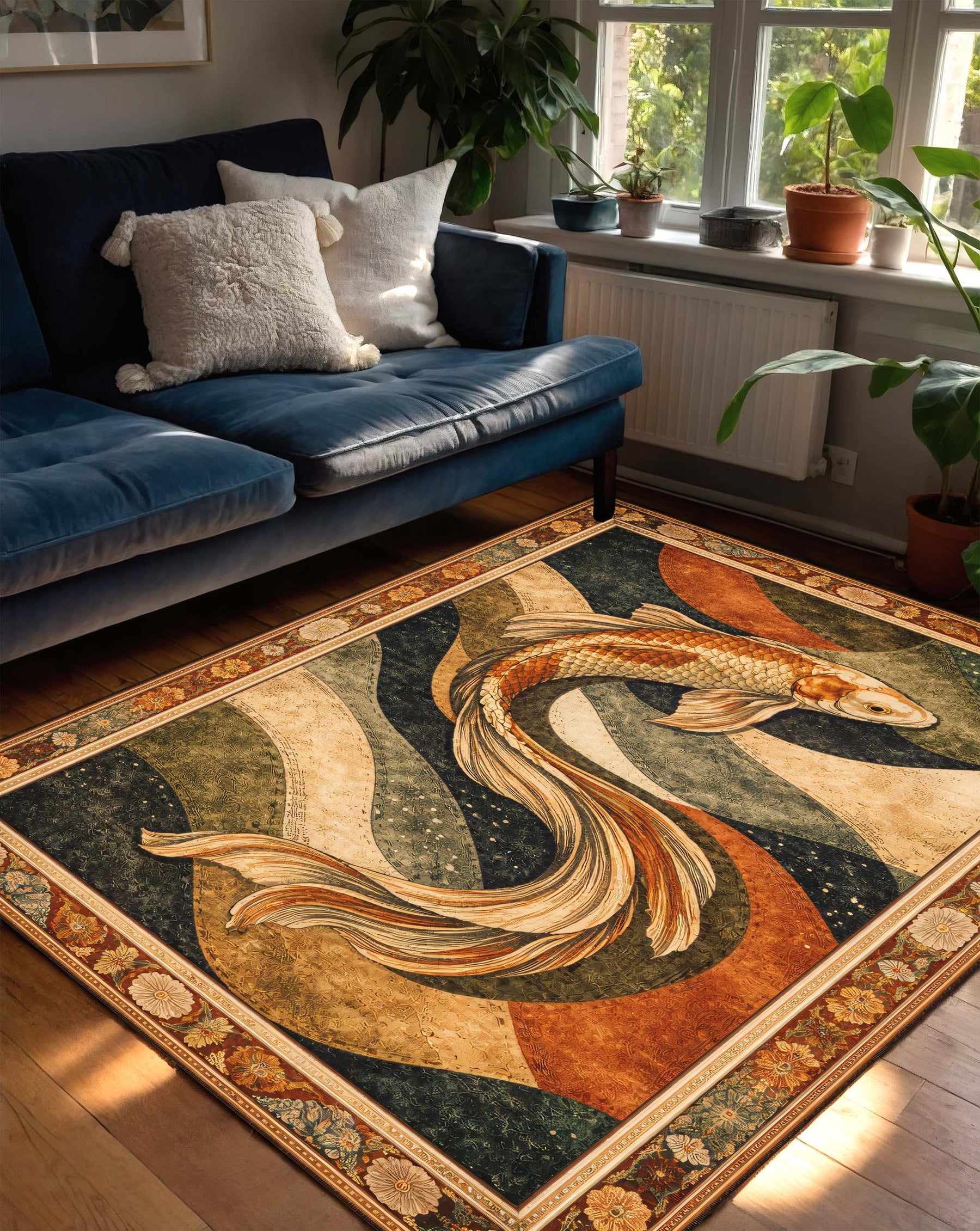 Japanese Koi Fish Area Rug, Vintage Teal Gold Boho Carpet for Living Room Bedroom, Zen Coastal Home Decor, Statement Floor Art Piece