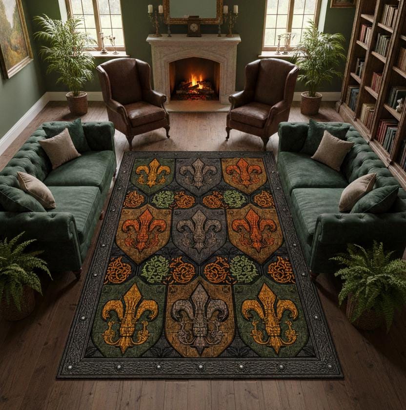 Medieval Heraldic Area Rug, Gothic Fleur de Lis Decor, Dark Academia Rug, Vintage Knight Shield Tapestry, Large Washable Non-Slip Floor Mat