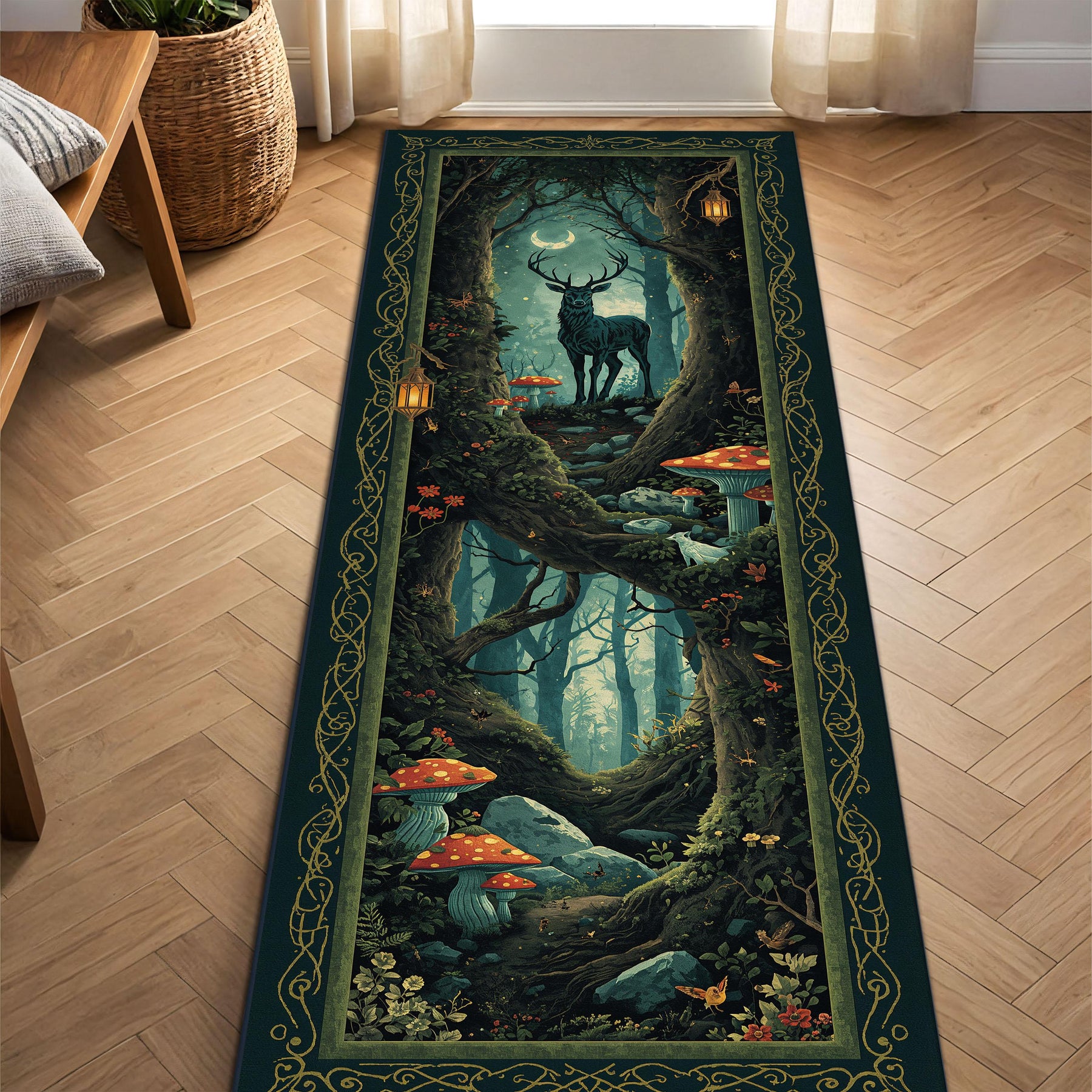 Enchanted Forest Deer Runner Rug, Fantasy Woodland Stag & Mushrooms Floor Mat, Dark Green Celtic Border, Non Slip Entryway Hallway Carpet