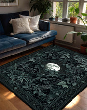 Gothic Moon Botanical Area Rug, Dark Green Forest Tapestry Carpet, Witchy Celestial Living Room Decor, Mystical Bedroom Accent Floor Mat