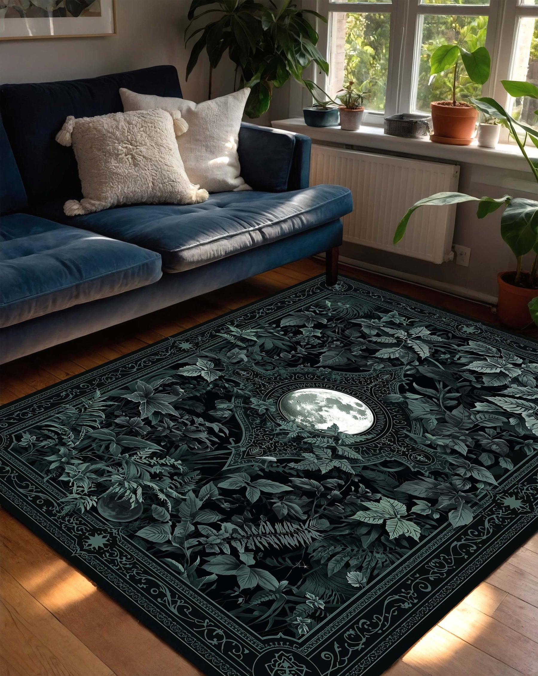 Gothic Moon Botanical Area Rug, Dark Green Forest Tapestry Carpet, Witchy Celestial Living Room Decor, Mystical Bedroom Accent Floor Mat
