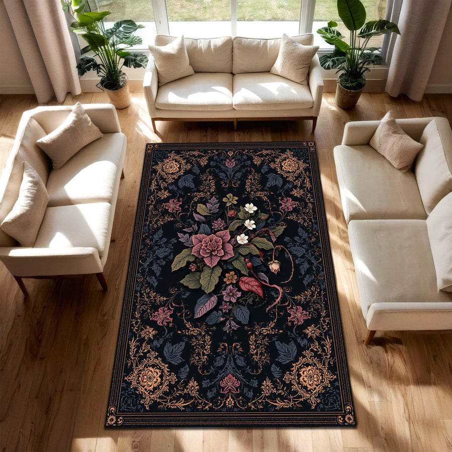 Dark Floral Vintage Rug, Gothic Botanical Area Rug, Black Ornate Victorian Carpet, Living Room Decor, Boho Cottagecore Floor Mat