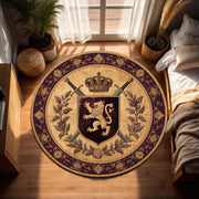 Royal Crest Round Rug, Purple Gold Medieval Lion Coat of Arms Floor Mat, Vintage Baroque Decor, Gothic Manor Living Room Rug, Tapestry Rug