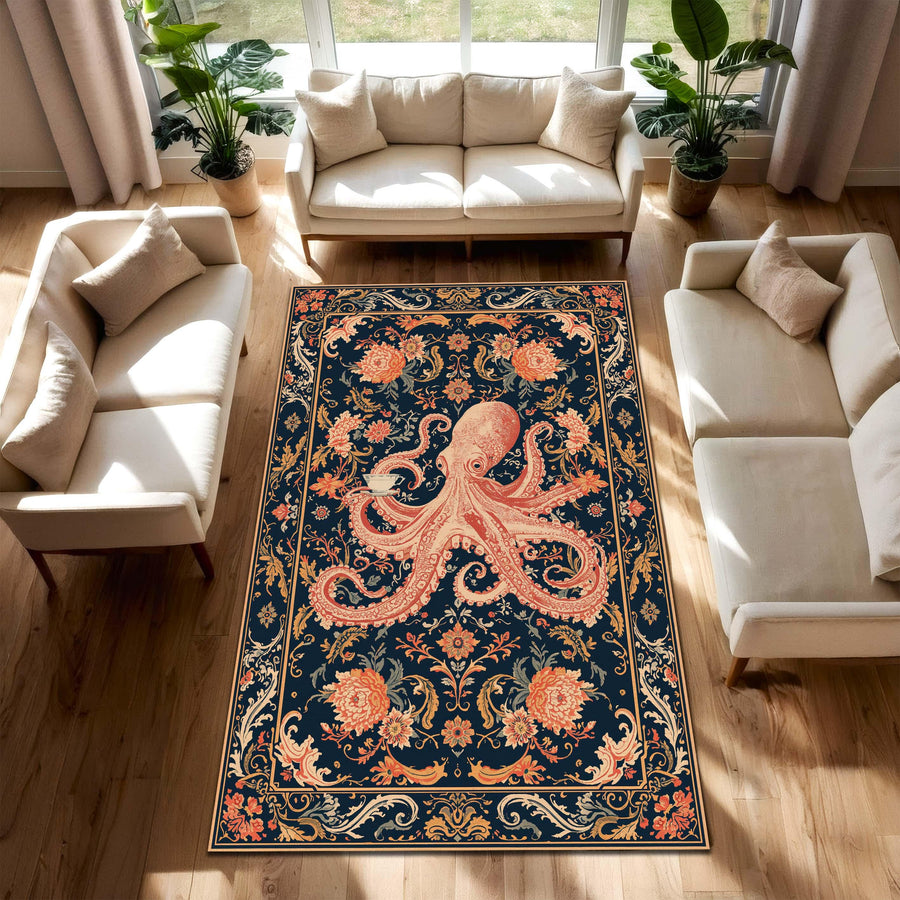 Navy Octopus Area Rug Vintage Floral Baroque Ocean Decor, Dark Blue Coral Pink Nautical Carpet for Living Room Bedroom Entryway Mat