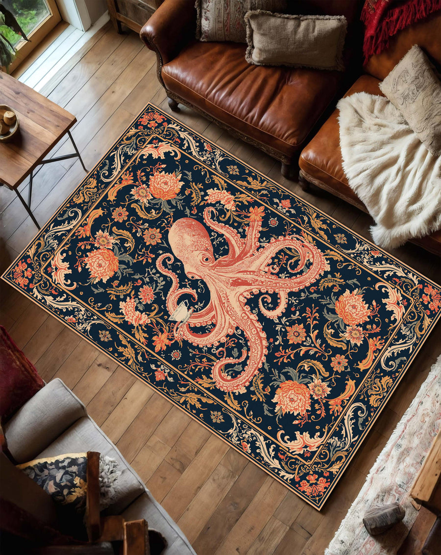 Navy Octopus Area Rug Vintage Floral Baroque Ocean Decor, Dark Blue Coral Pink Nautical Carpet for Living Room Bedroom Entryway Mat
