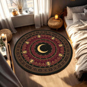 Crescent Moon Round Rug, Celestial Astrology Mandala Carpet, Burgundy Black Gold Gothic Boho Decor, Witchy Washable Living Room Floor Mat