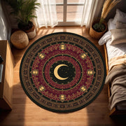 Crescent Moon Round Rug, Celestial Astrology Mandala Carpet, Burgundy Black Gold Gothic Boho Decor, Witchy Washable Living Room Floor Mat