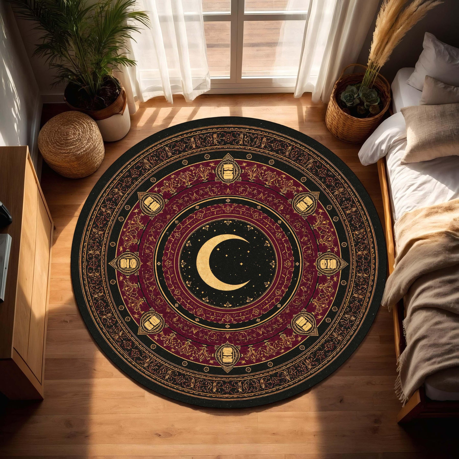 Crescent Moon Round Rug, Celestial Astrology Mandala Carpet, Burgundy Black Gold Gothic Boho Decor, Witchy Washable Living Room Floor Mat