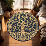 Round Tree of Life Rug, Navy and Gold Celestial Mandala Area Carpet, Boho Witchy Living Room Decor, Yoga Meditation Gift for Home Entryway