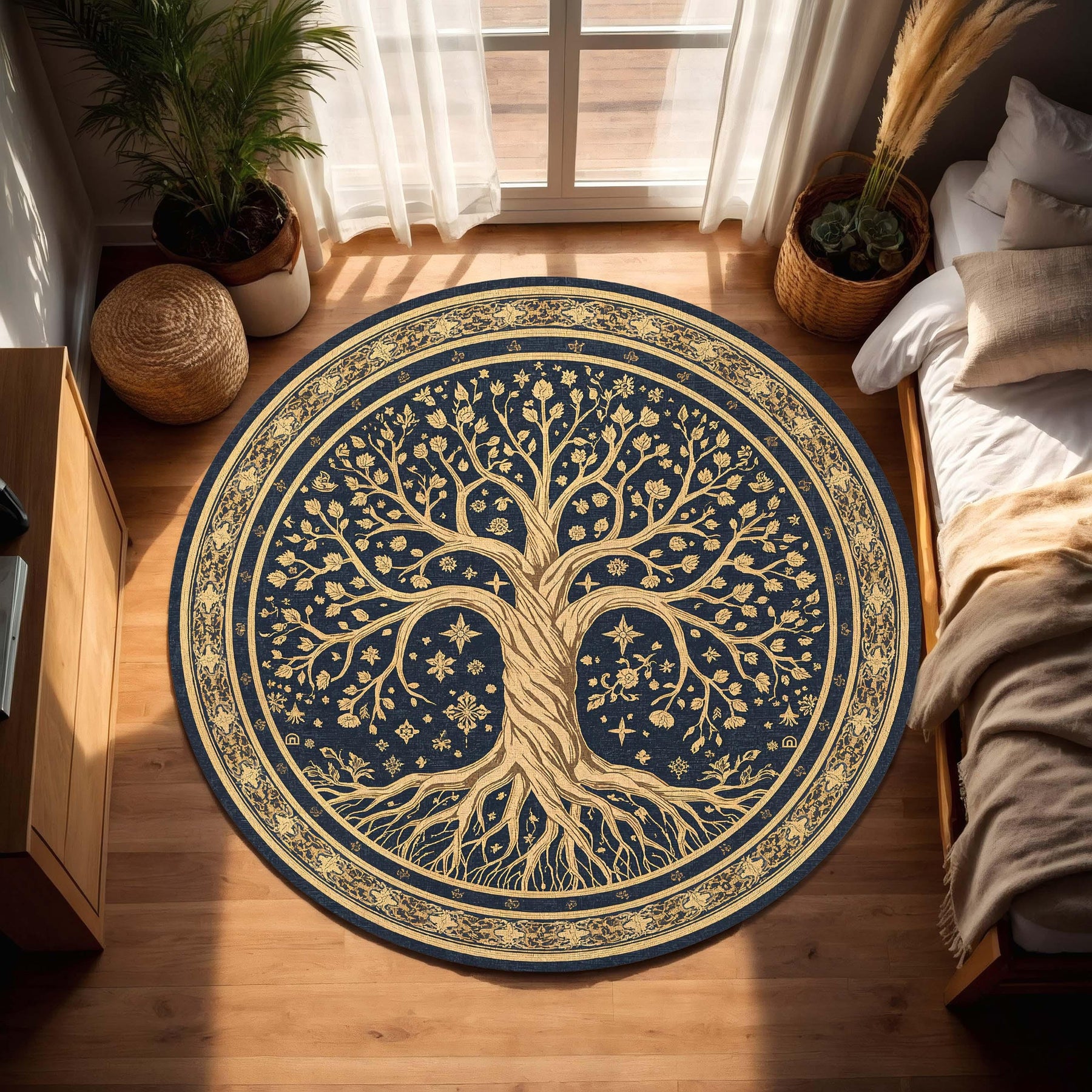 Round Tree of Life Rug, Navy and Gold Celestial Mandala Area Carpet, Boho Witchy Living Room Decor, Yoga Meditation Gift for Home Entryway