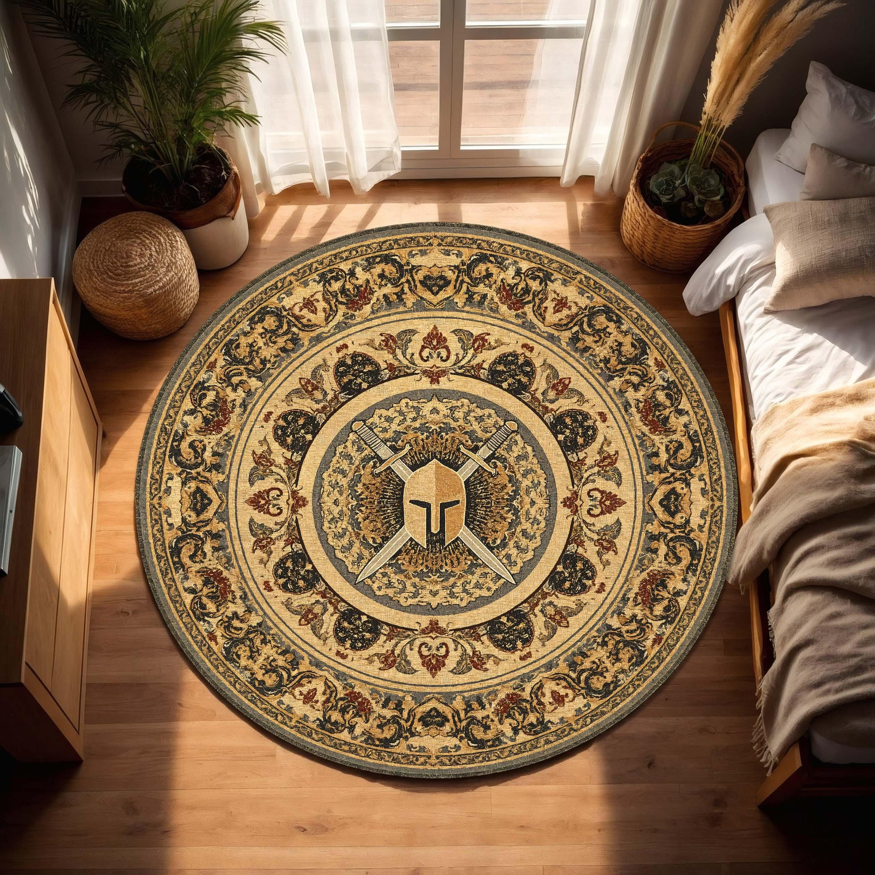 Round Spartan Warrior Rug, Vintage Greek Shield Carpet, Medieval Sword Area Rug, Antique Battle Decor, Masculine Office Home Accent