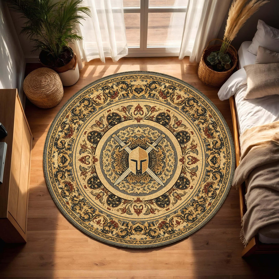 Round Spartan Warrior Rug, Vintage Greek Shield Carpet, Medieval Sword Area Rug, Antique Battle Decor, Masculine Office Home Accent