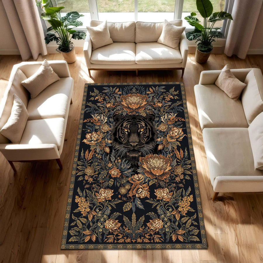 Tiger Floral Area Rug, Dark Navy Boho Vintage Botanical Carpet, Gothic Maximalist Living Room Decor, Bedroom Runner Gift, Statement Mat
