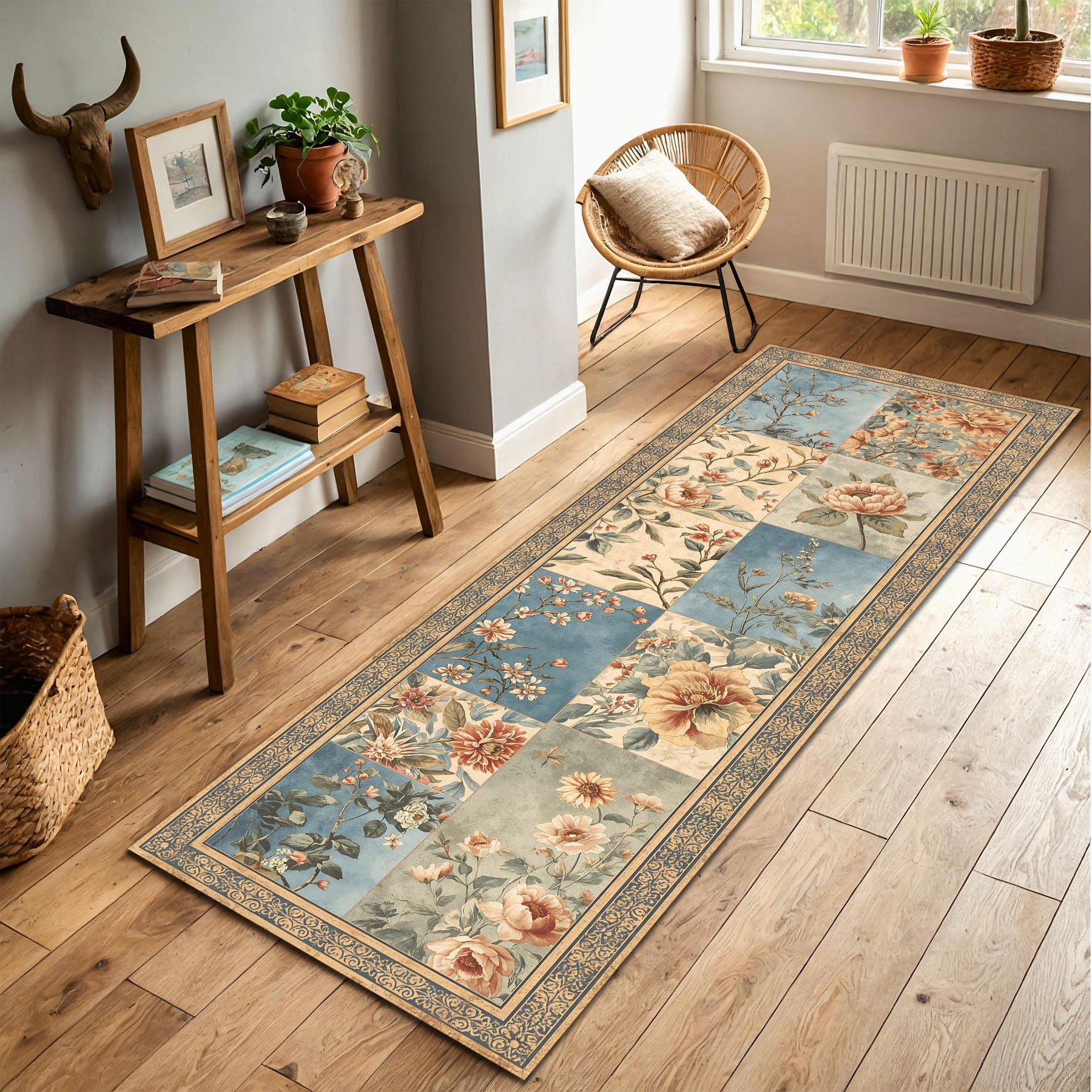 Vintage Floral Patchwork Runner Rug, Blue Beige Botanical Hallway Carpet, Cottagecore Kitchen Mat, Non Slip Washable Floor Entryway Decor