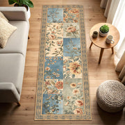 Vintage Floral Patchwork Runner Rug, Blue Beige Botanical Hallway Carpet, Cottagecore Kitchen Mat, Non Slip Washable Floor Entryway Decor
