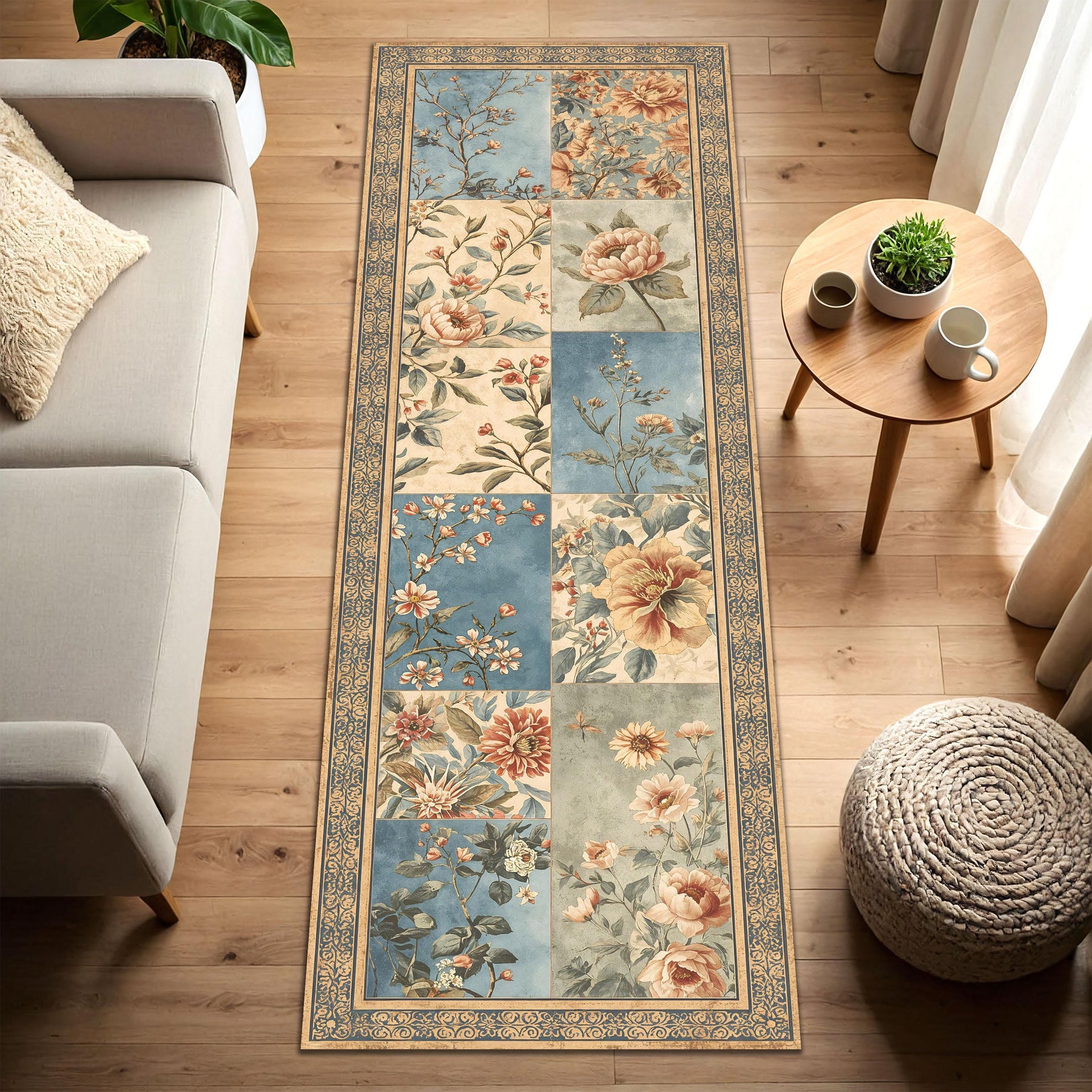 Vintage Floral Patchwork Runner Rug, Blue Beige Botanical Hallway Carpet, Cottagecore Kitchen Mat, Non Slip Washable Floor Entryway Decor