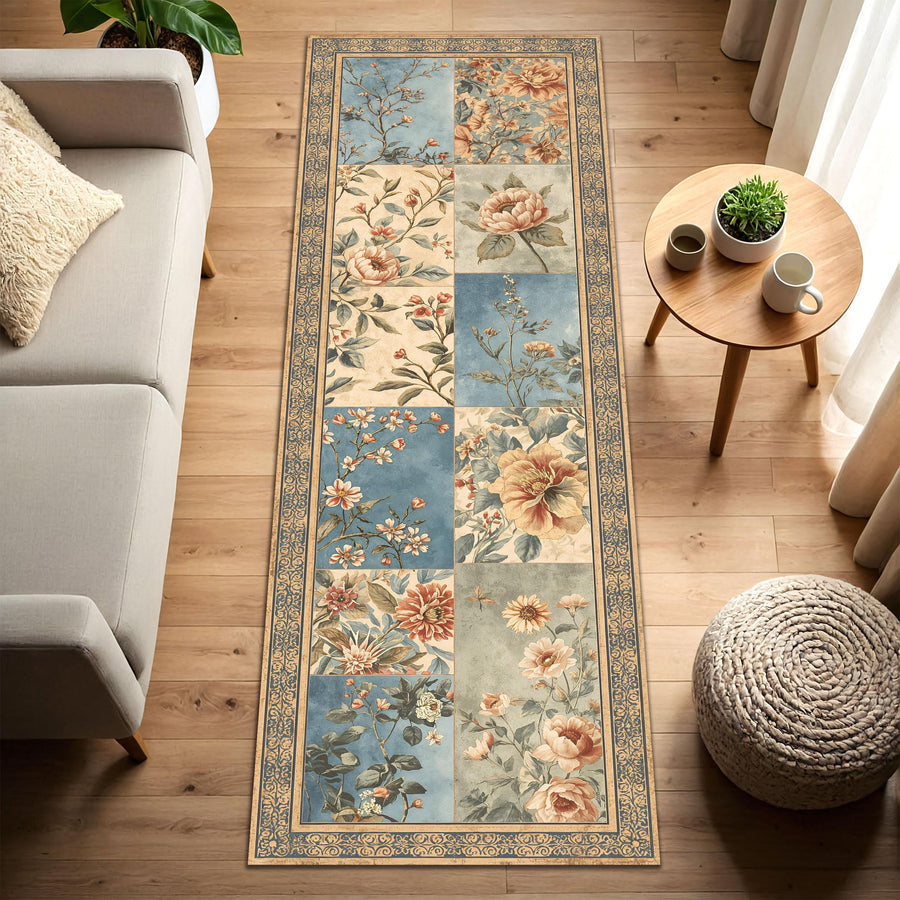 Vintage Floral Patchwork Runner Rug, Blue Beige Botanical Hallway Carpet, Cottagecore Kitchen Mat, Non Slip Washable Floor Entryway Decor