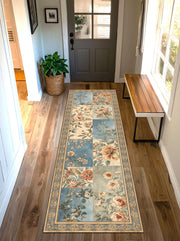 Vintage Floral Patchwork Runner Rug, Blue Beige Botanical Hallway Carpet, Cottagecore Kitchen Mat, Non Slip Washable Floor Entryway Decor