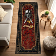 Medieval Knight Runner Rug, Helm & Crossed Swords Gothic Hallway Carpet, Red Vintage Tapestry Style Floor Mat for Gamers Decor Home