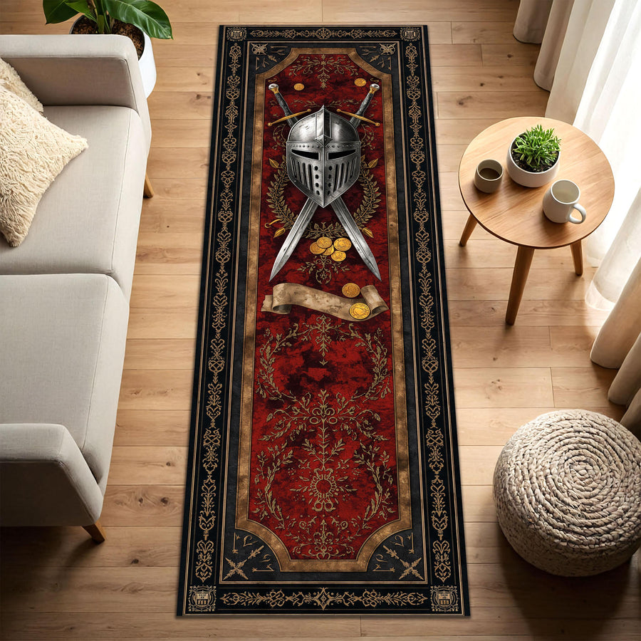 Medieval Knight Runner Rug, Helm & Crossed Swords Gothic Hallway Carpet, Red Vintage Tapestry Style Floor Mat for Gamers Decor Home