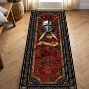 Medieval Knight Runner Rug, Helm & Crossed Swords Gothic Hallway Carpet, Red Vintage Tapestry Style Floor Mat for Gamers Decor Home