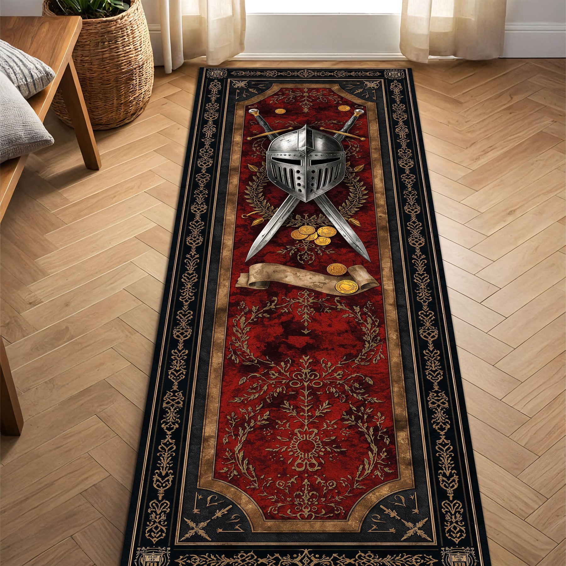 Medieval Knight Runner Rug, Helm & Crossed Swords Gothic Hallway Carpet, Red Vintage Tapestry Style Floor Mat for Gamers Decor Home